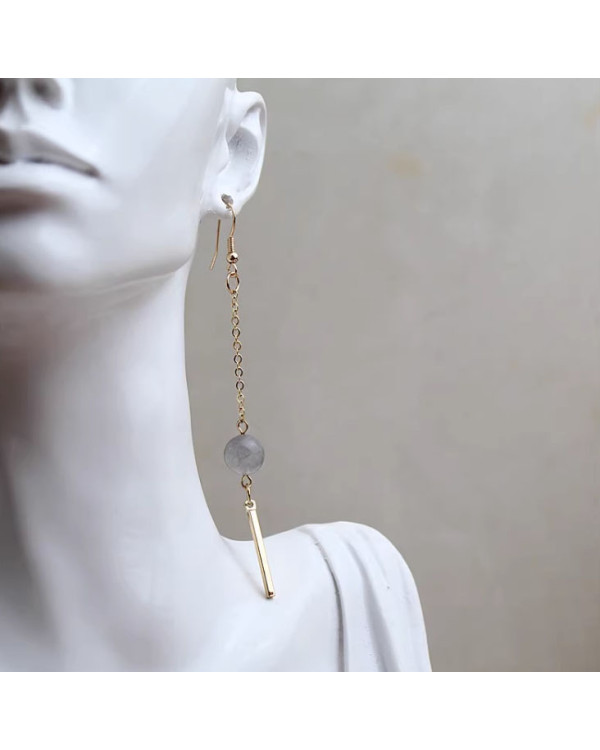 Серьги цепи длинные с бусиной серый агат (имитация)